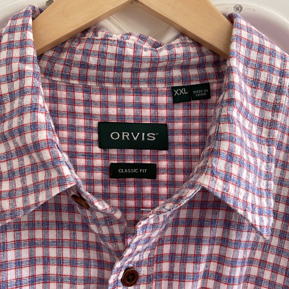 Orvis Button Down Hemp red whit & blue XXL short sleeve